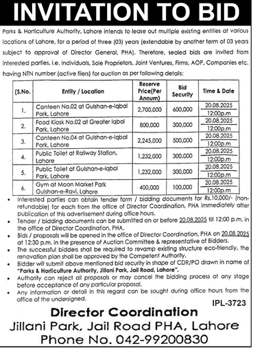 Parks & Horticulture Authority Lahore Tender Notice-1